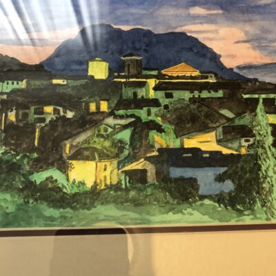 Painting of dusk over a small town on a hill